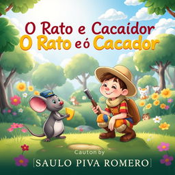 A whimsical illustration for a children's book titled 'O Rato e o Caçador' by Saulo Piva Romero