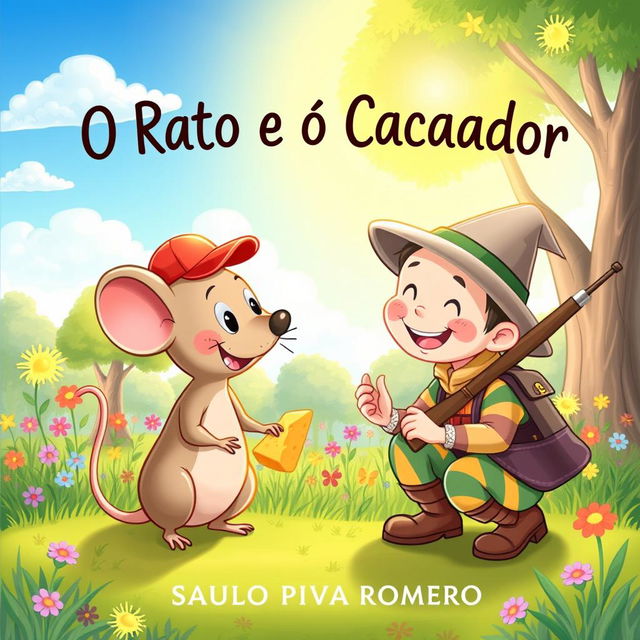 A whimsical illustration for a children's book titled 'O Rato e o Caçador' by Saulo Piva Romero