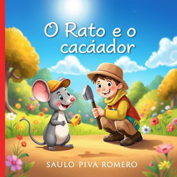 A whimsical illustration for a children's book titled 'O Rato e o Caçador' by Saulo Piva Romero