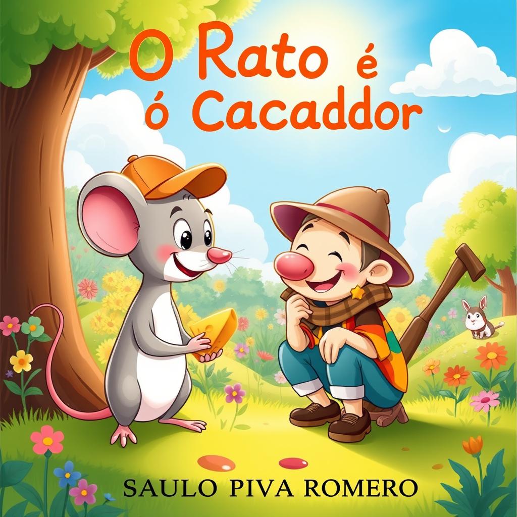 A whimsical illustration for a children's book titled 'O Rato e o Caçador' by Saulo Piva Romero