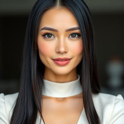 A beautiful adult woman with an elegant and professional appearance, featuring long straight jet-black hair often styled neatly or tied up while working
