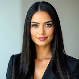 A beautiful adult woman with an elegant and professional appearance, featuring long straight jet-black hair often styled neatly or tied up while working