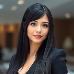 A beautiful adult woman with an elegant and professional appearance, featuring a curvy figure with prominent breasts