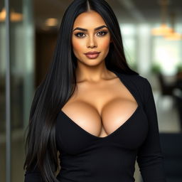 A beautiful adult woman with an elegant and professional appearance, featuring a curvy figure with prominent breasts
