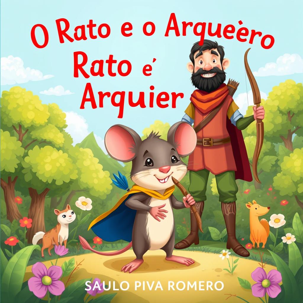 A delightful illustration for a children's book titled 'O Rato e o Arqueiro' by Saulo Piva Romero