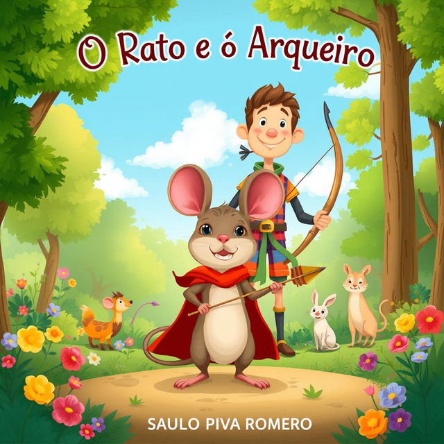 A delightful illustration for a children's book titled 'O Rato e o Arqueiro' by Saulo Piva Romero