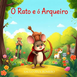 A delightful illustration for a children's book titled 'O Rato e o Arqueiro' by Saulo Piva Romero