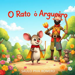 A delightful illustration for a children's book titled 'O Rato e o Arqueiro' by Saulo Piva Romero