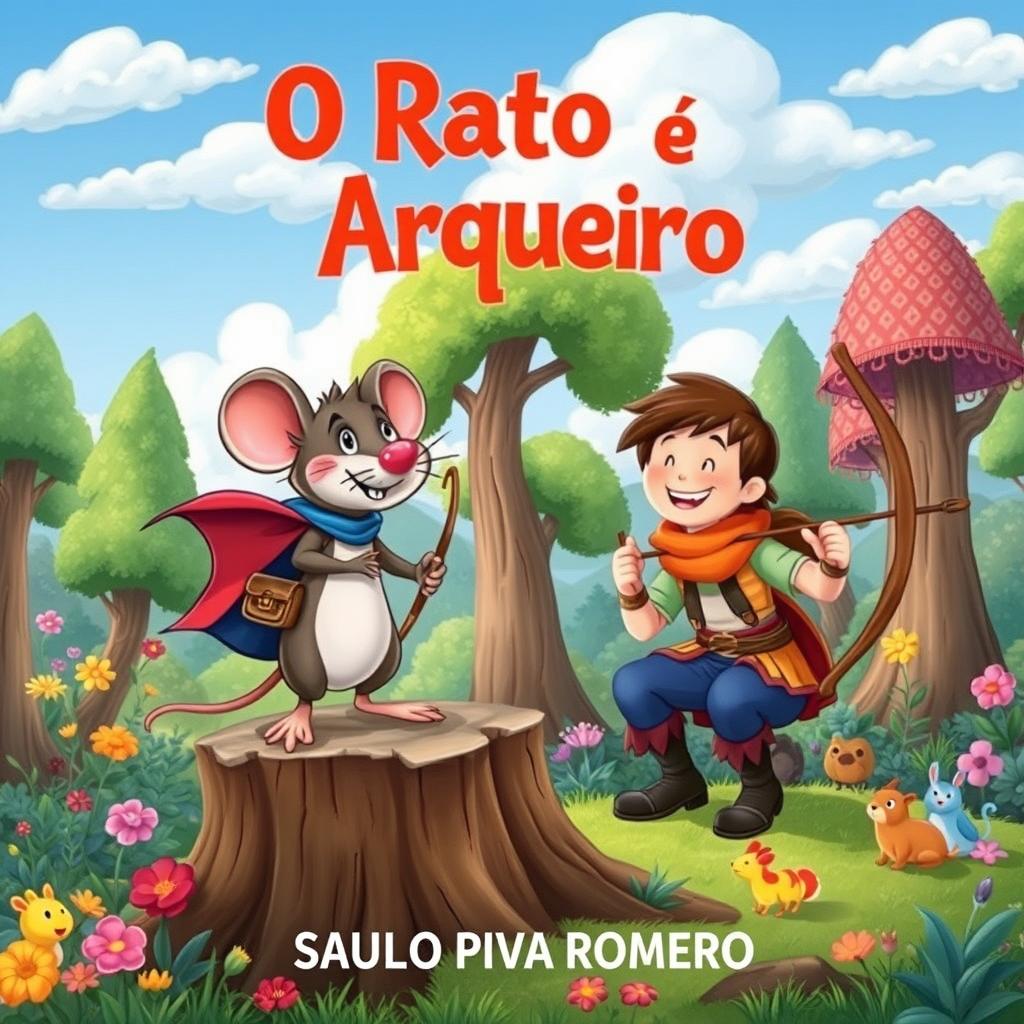 A captivating illustration for a children's book titled 'O Rato e o Arqueiro' by Saulo Piva Romero