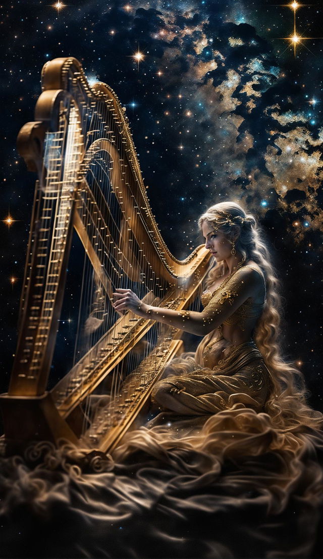 Double exposure image of a golden stardust goddess playing a beautifully carved harp against the backdrop of the Milky Way. She wears a long gown made of stardust and gold embroidery. The image is shot from a long distance in 36k resolution, capturing every intricate detail.