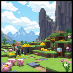 A vibrant and colorful Minecraft landscape, featuring a blocky terrain with lush green grass, towering mountains in the background, and a pixelated sky with fluffy white clouds
