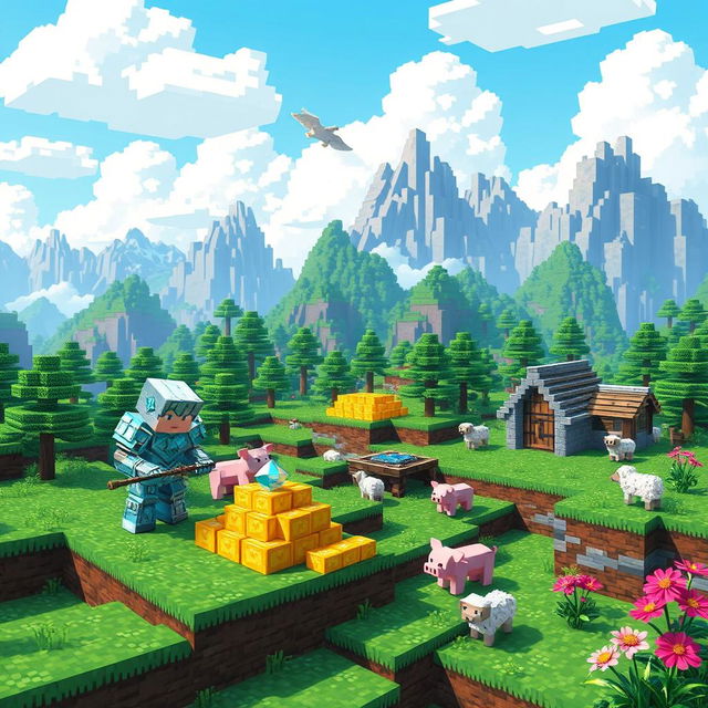 A vibrant and colorful Minecraft landscape, featuring a blocky terrain with lush green grass, towering mountains in the background, and a pixelated sky with fluffy white clouds