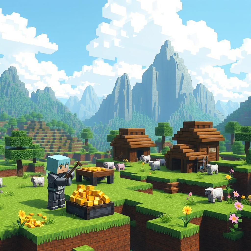 A vibrant and colorful Minecraft landscape, featuring a blocky terrain with lush green grass, towering mountains in the background, and a pixelated sky with fluffy white clouds