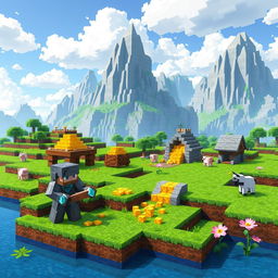 A vibrant and colorful Minecraft landscape, featuring a blocky terrain with lush green grass, towering mountains in the background, and a pixelated sky with fluffy white clouds