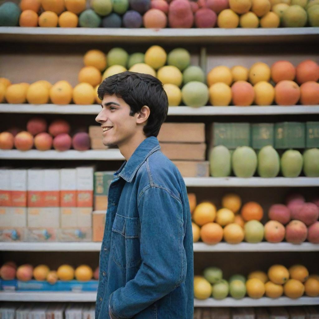 An Iranian teenager, turning away from seeing his friend consume and smoke addicting substances, walks towards his colorful fruits and books. He is happy.