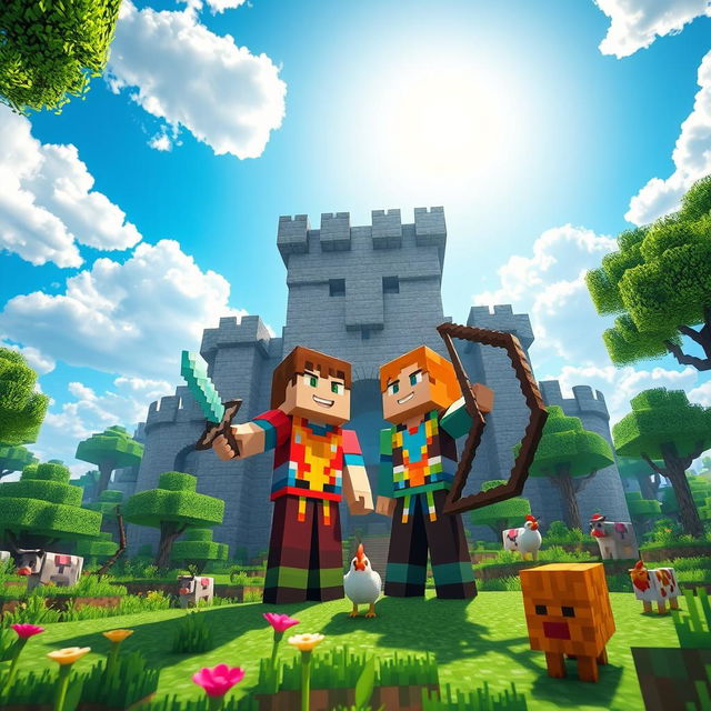 A vibrant Minecraft scene depicting a duo of players: one character with a diamond sword and the other with a bow and arrow, both wearing colorful armor