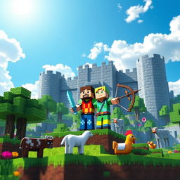 A vibrant Minecraft scene depicting a duo of players: one character with a diamond sword and the other with a bow and arrow, both wearing colorful armor