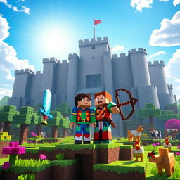 A vibrant Minecraft scene depicting a duo of players: one character with a diamond sword and the other with a bow and arrow, both wearing colorful armor