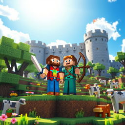 A vibrant Minecraft scene depicting a duo of players: one character with a diamond sword and the other with a bow and arrow, both wearing colorful armor