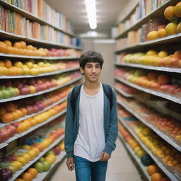 An Iranian teenager, turning away from seeing his friend consume and smoke addicting substances, walks towards his colorful fruits and books. He is happy.