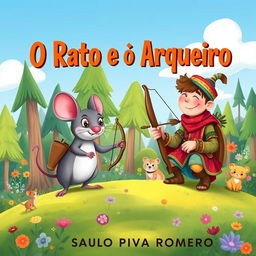 A charming illustration for a children's book titled 'O Rato e o Arqueiro' by Saulo Piva Romero