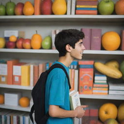 An Iranian teenager, turning away from seeing his friend consume and smoke addicting substances, walks towards his colorful fruits and books. He is happy.