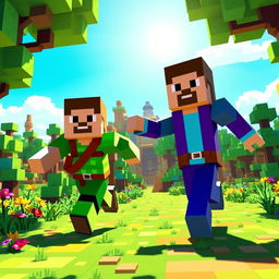 A vibrant scene depicting two Minecraft characters, an adventurous steve in a green and brown outfit and a bold alex in a blue and purple outfit, joyfully running towards the camera across a colorful pixelated landscape filled with blocky trees, flowers, and a clear blue sky