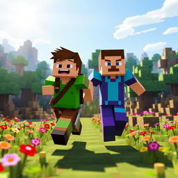 A vibrant scene depicting two Minecraft characters, an adventurous steve in a green and brown outfit and a bold alex in a blue and purple outfit, joyfully running towards the camera across a colorful pixelated landscape filled with blocky trees, flowers, and a clear blue sky