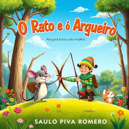 A charming illustration for a children's book titled 'O Rato e o Arqueiro' by Saulo Piva Romero