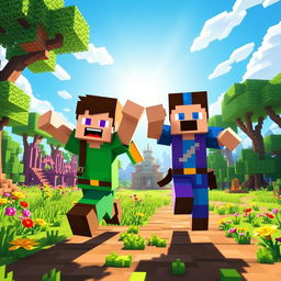 A vibrant scene depicting two Minecraft characters, an adventurous steve in a green and brown outfit and a bold alex in a blue and purple outfit, joyfully running towards the camera across a colorful pixelated landscape filled with blocky trees, flowers, and a clear blue sky