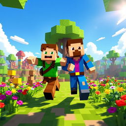 A vibrant scene depicting two Minecraft characters, an adventurous steve in a green and brown outfit and a bold alex in a blue and purple outfit, joyfully running towards the camera across a colorful pixelated landscape filled with blocky trees, flowers, and a clear blue sky