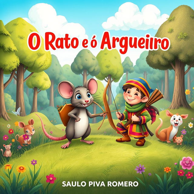 A charming illustration for a children's book titled 'O Rato e o Arqueiro' by Saulo Piva Romero