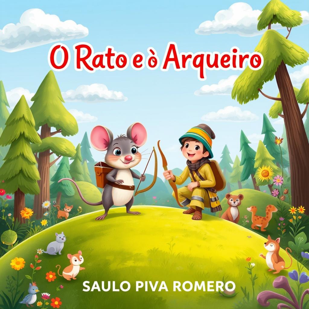 A charming illustration for a children's book titled 'O Rato e o Arqueiro' by Saulo Piva Romero