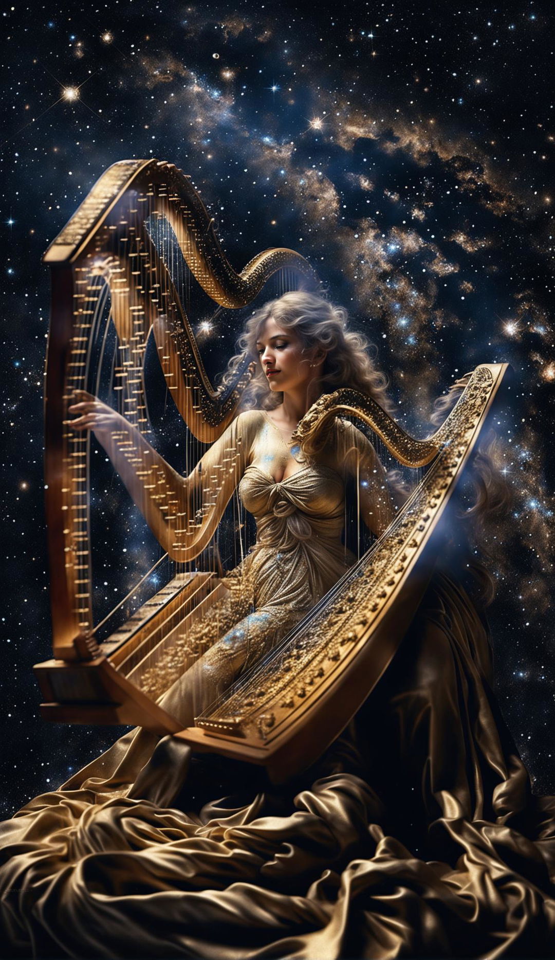 Double exposure image of a golden stardust goddess playing a beautifully carved harp against the backdrop of the Milky Way. She wears a long gown made of stardust and gold embroidery. The image is shot from a long distance in 36k resolution, capturing every intricate detail.