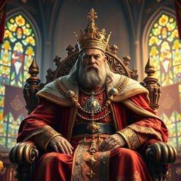A powerful king standing regally on a ornate throne, adorned in luxurious royal robes embellished with gold and jewels