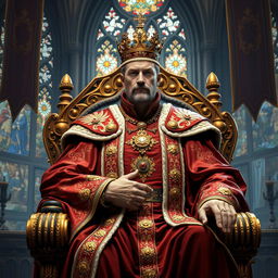 A powerful king standing regally on a ornate throne, adorned in luxurious royal robes embellished with gold and jewels