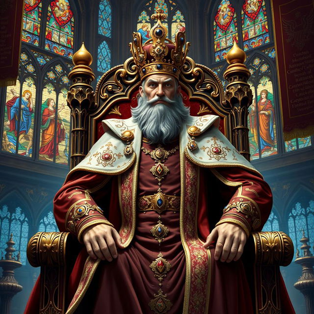 A powerful king standing regally on a ornate throne, adorned in luxurious royal robes embellished with gold and jewels