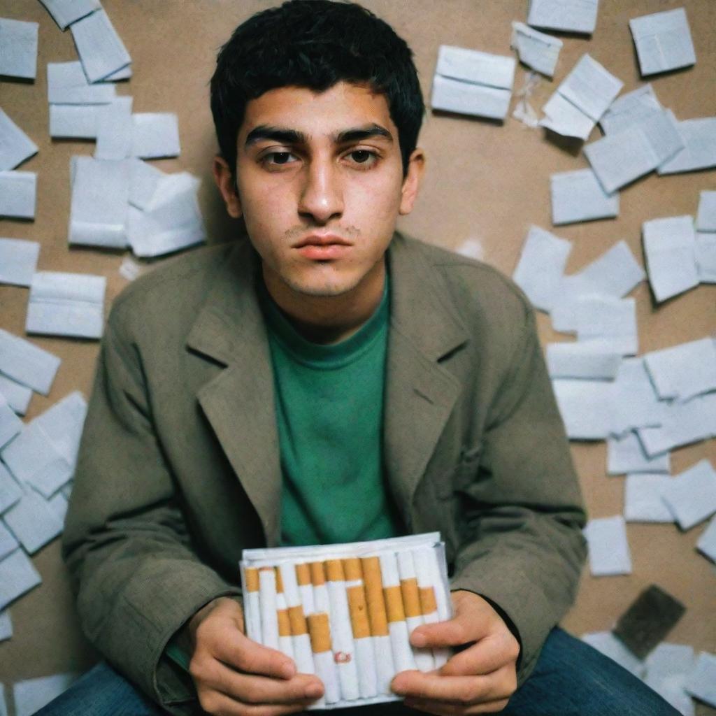 An Iranian teenager is seen surrounded by cigarettes, combustible substances, and hallucinogens. His pockets are empty, his wallet abandoned next to him. His well-being is poor, his face expressing anger.