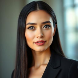 A beautiful adult woman with an elegant and professional appearance, characterized by a strong jawline that conveys confidence
