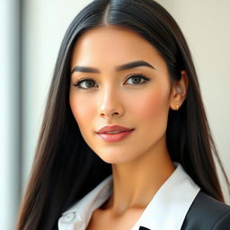A beautiful adult woman with an elegant and professional appearance, characterized by a strong jawline that conveys confidence