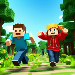 A vibrant scene depicting a dynamic duo of Minecraft characters running energetically towards the camera