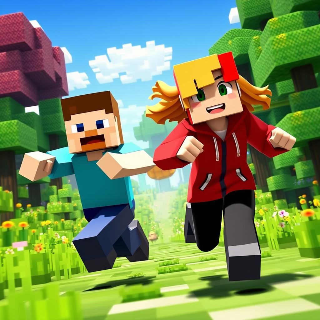 A vibrant scene depicting a dynamic duo of Minecraft characters running energetically towards the camera