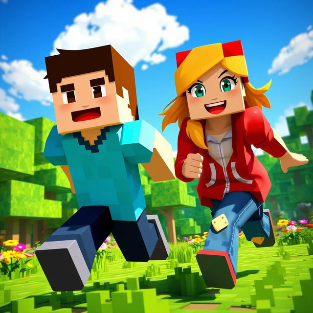 A vibrant scene depicting a dynamic duo of Minecraft characters running energetically towards the camera