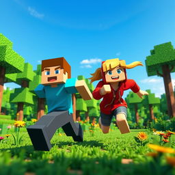 A vibrant scene depicting a dynamic duo of Minecraft characters running energetically towards the camera