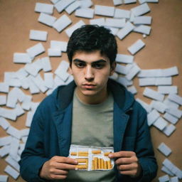 An Iranian teenager is seen surrounded by cigarettes, combustible substances, and hallucinogens. His pockets are empty, his wallet abandoned next to him. His well-being is poor, his face expressing anger.