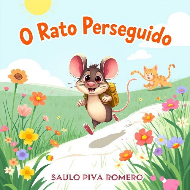 A whimsical illustration for a children's book titled 'O Rato Perseguido' by Saulo Piva Romero