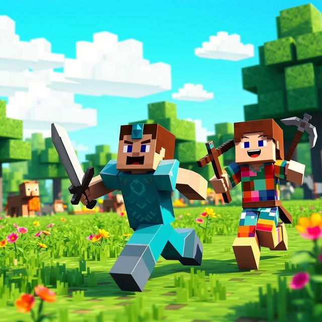 A vibrant scene featuring two Minecraft characters running towards the camera with joyful expressions