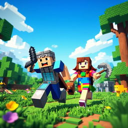 A vibrant scene featuring two Minecraft characters running towards the camera with joyful expressions