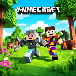 A vibrant scene featuring two Minecraft characters running towards the camera with joyful expressions