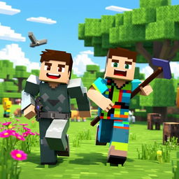 A vibrant scene featuring two Minecraft characters running towards the camera with joyful expressions